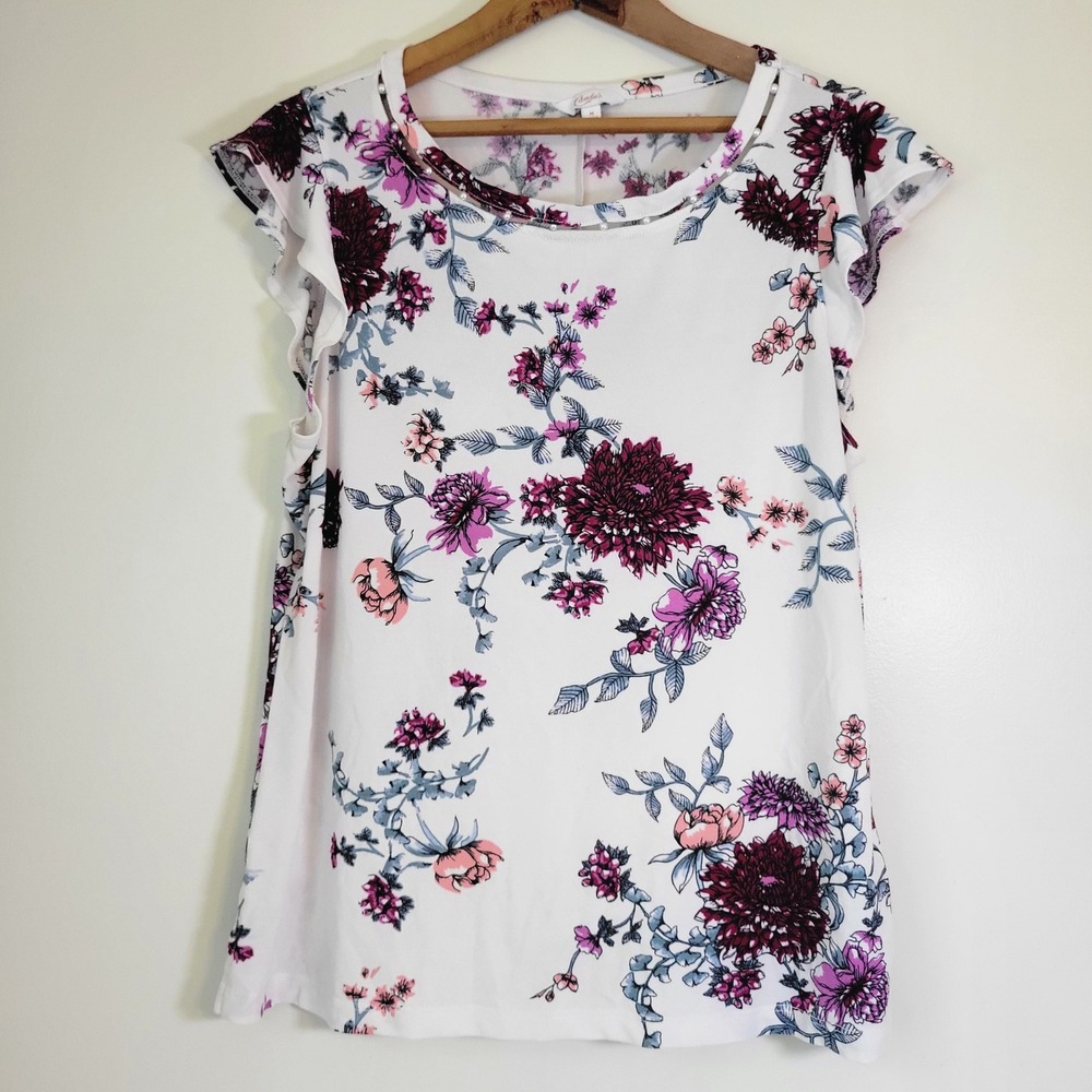Candies Womens Floral Pearl Neck Flutter Sleeve Blouse Top Purple White Size M - Picture 1 of 7